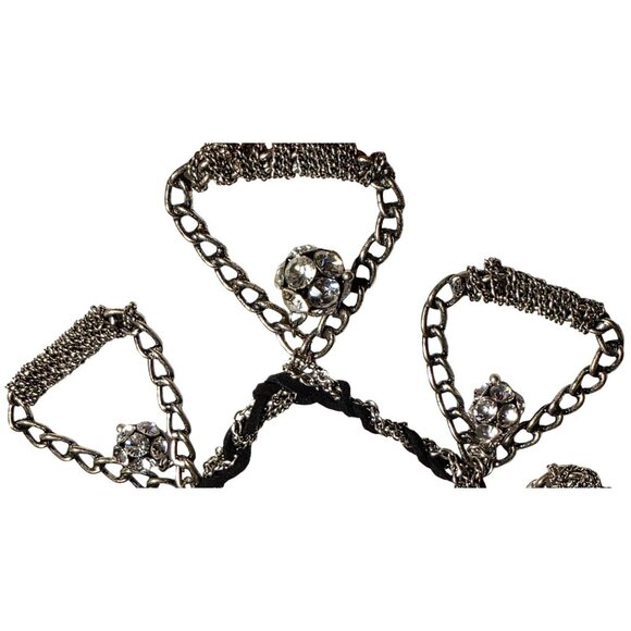 Vintage Necklace Efm Handmade Silver-Tone Statement Chain Rhinestone Black Rope - Picture 5 of 6